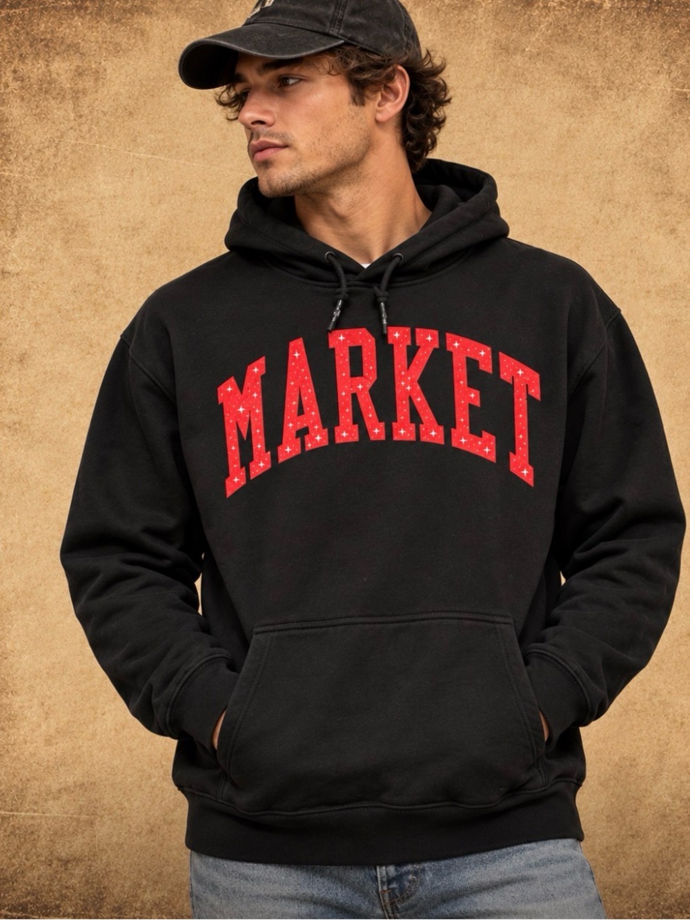 MARKET Black Pullover Hoodie with Red Logo - Men